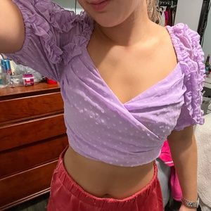 Purple Heart Polka Dot Ruffle Sleeve Crop Top Small